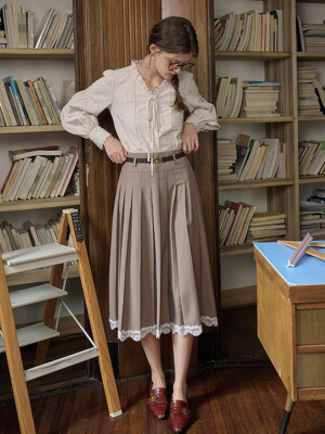 SR_High-waisted pleated lace skirt_BROWN