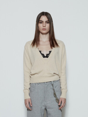 Deep V-Neck Polo Knit Top (Ecru)