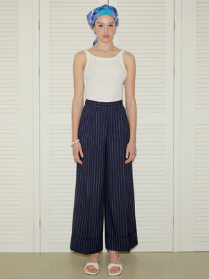 Striped Roll Up Wide Pants - Navy