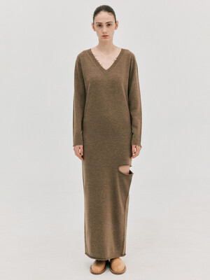 Cashmere Slit Knit Dress_Brown