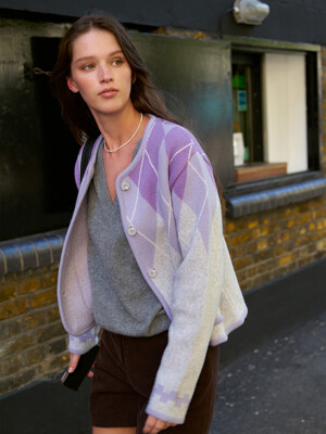 HAPPINESS Argyle wool knit cardigan (Light purple)