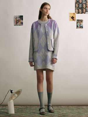 [SET]HAPPINESS Argyle wool knit cardigan + PICCADILLY Argyle wool knit one piece (Light purple)