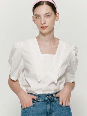 Embroidery double collar blouse - White
