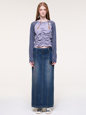 Wide Belt Long Denim Skirt, Blue