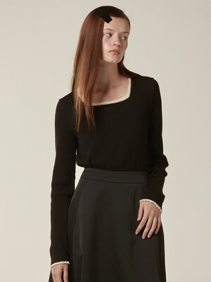 Ribbon point square neck top - Black