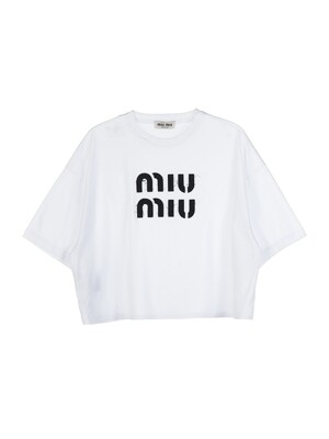 미우미우 여성 로고 크롭 티셔츠 MJN445 12LZ F0009