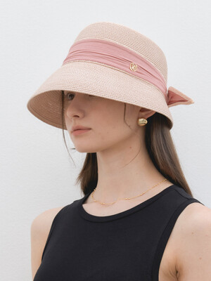 ribbon bucket raffia hat (C045_pink)