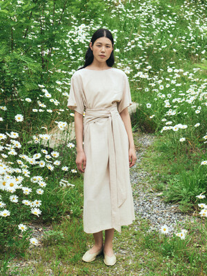 TFR SOLID WAIST TIE DRESS_BEIGE SOLID