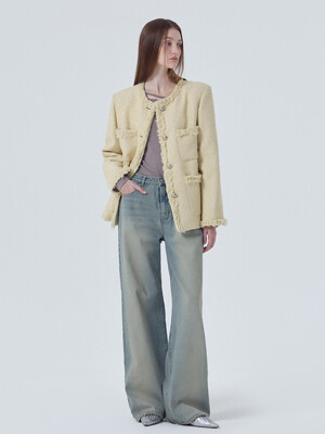 Fringe Pocket Tweed Jacket, Cream Yellow