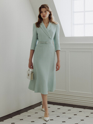 RAYA Double breasted mermaid tweed long dress (Mint/Ivory/Black)