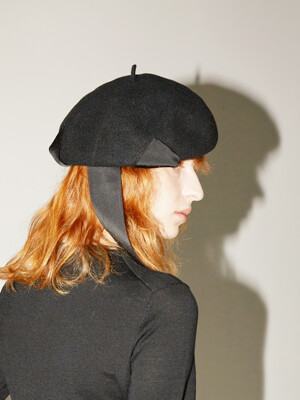 Wool Jersey Ribbon Beret - BLACK