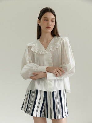 PONNY_Ruffle Triming Collar Sheer-Cotton Blouse_White