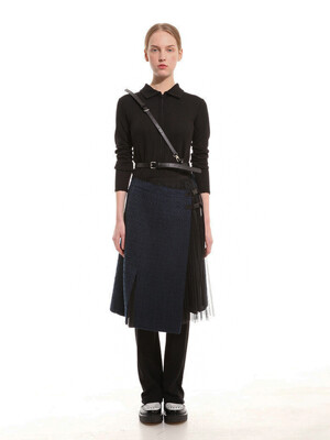 Midnight blue tweed wrap skirt with tulle pleats