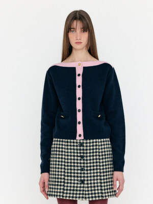 [EXCLUSIVE] Boat Neck Knit Cardigan - Navy/Light Pink