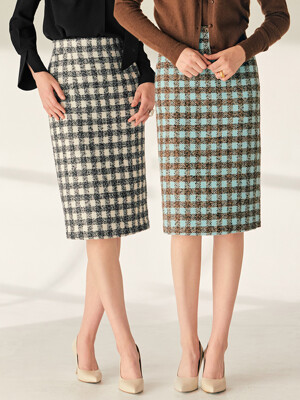 JESSIE H-line check tweed midi skirt (Gray&Ivory/Mint&Brown)