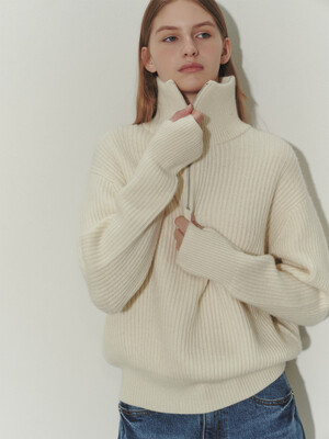 UNISEX HALF ZIP-UP RIBBED WOOL SWEATER CREAM_UDSW3D128CR