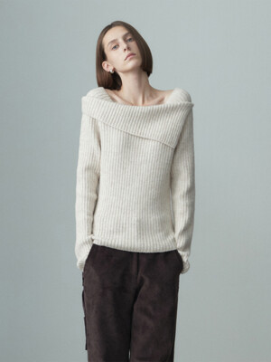 OFF SHOULDER RIBBED KNIT TOP OATMEAL