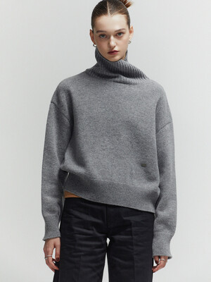 WOOL BLEND HIGH NECK CROPPED SWEATER_GRAY