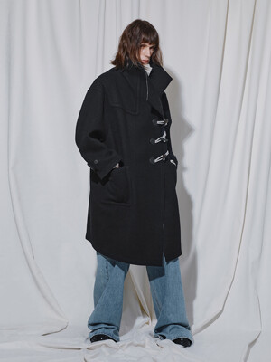 BLACK OVERSIZE FUNNEL NECK DUFFLE COAT