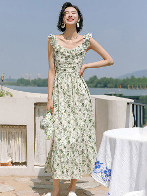 LS_Green ruffle floral long dress