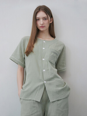 Cotton Gingham Piping Pajama Set (green)
