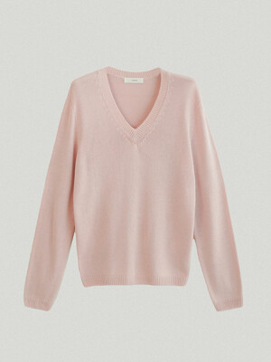 v-neck linen whole garment knitwear_pink