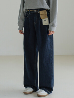 Two Pintuck Wide Denim Pants (DARK BLUE)