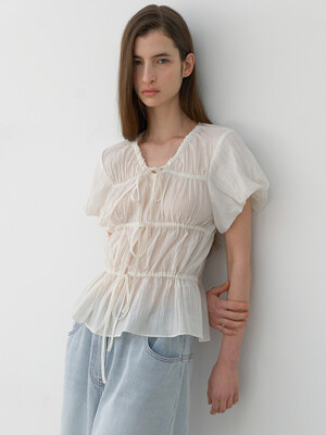 SHIRRING 3-RIBBON PUFF BLOUSE(BL-4318)
