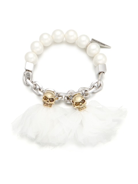 Pearl Mix Chain Chiffon Tassel Skull Bracelet_white