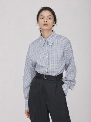 Wide Collar Slim-fit Shirt_Sky(Check)