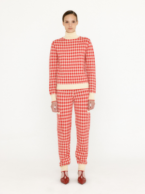 VEMI Gingham Check Knit Jogger Pants - Red/Ivory