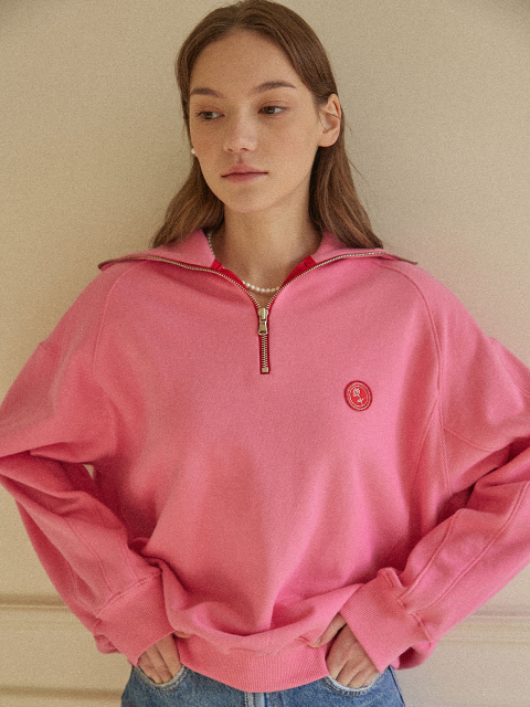 티셔츠 - 논로컬 (NONLOCAL) - Rose Wappen Rib Block Half Zip-up Sweatshirt - Pink