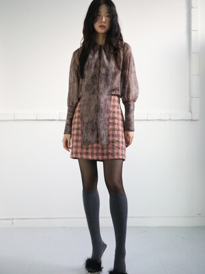 Gingham Tweed A Line Skirt_Pink