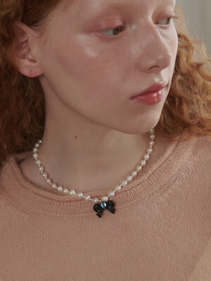 [925 SILVER] Freshwater Pearl Stone Ribbon Point  Mix Necklace