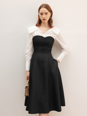 BELINDA Shirt layered long-sleeve midi dress (Black/Beige/Navy)