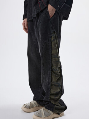 INCISION SIDE WRINKLE DENIM PANTS - BLACK