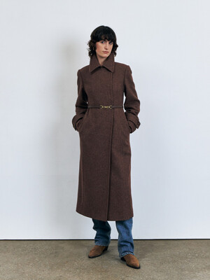 Double Breast Slim Wool Coat with Leather Belt, Brown