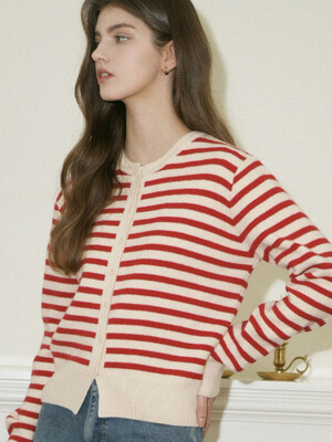 Cashmere Round Stripe Knit Cardigan (Red)