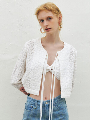 Lace Embroidered Ribbon Jacket, White