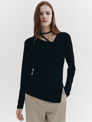 Asymmetric Neckline T-shirts BLACK