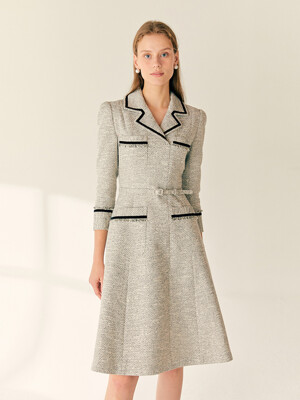 GWYNETH Velvet-trimmed tweed dress (Cream ivory/Deep navy)