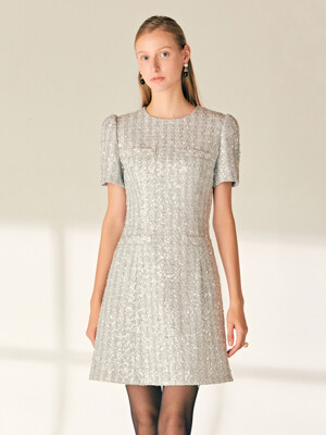 ROCHELLE Semi A-line spangle tweed mini dress (Silver)