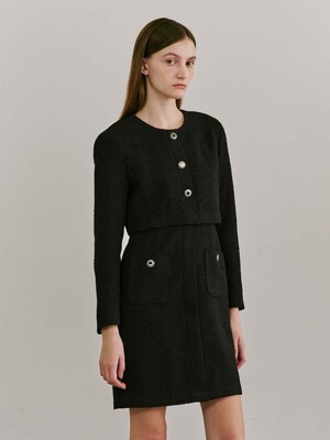 Round Neck Tweed Dress - Black