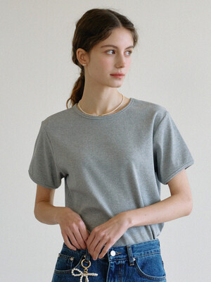 Basic Ribbed Half Sleeve Tshirt_Gray Melange