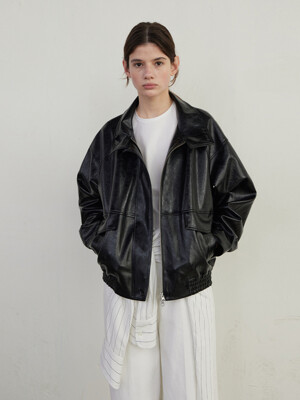 HIGH NECK LEATHER BLOUSON JUMPER - BLACK