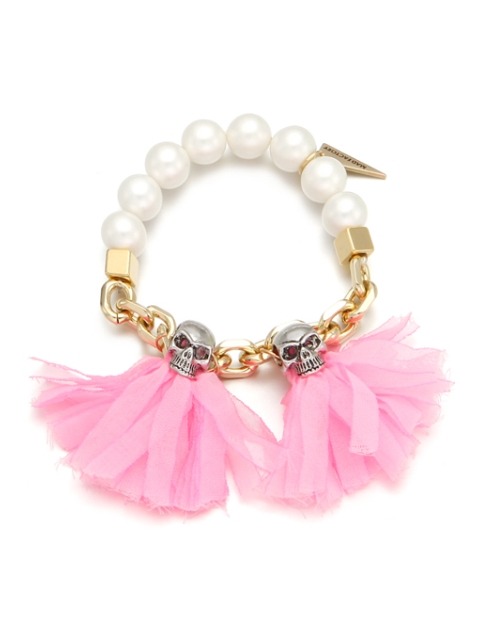 Pearl Mix Chain Chiffon Tassel Skull Bracelet_neon pink
