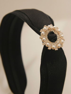 Black Fabric Gold Pearl Cubic Hairband H0750