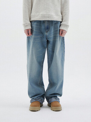 RAW TURN-UP WIDE JEANS - MID BLUE