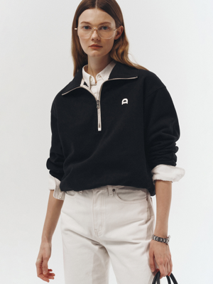 UNISEX LEATHER LOGO HALF ZIP-UP SWEATSHIRT BLACK_UDTS3A107BK
