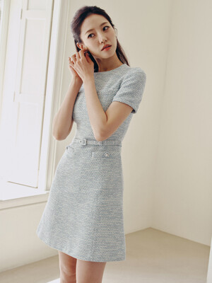 LINDSAY Round neck semi A-line tweed mini dress (Minty blue&White/Deep navy/Pink)